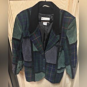Vtg Women Brandon Thomas 90's Patchwork Leather Wool Blend Jacket Size 16M Plaid